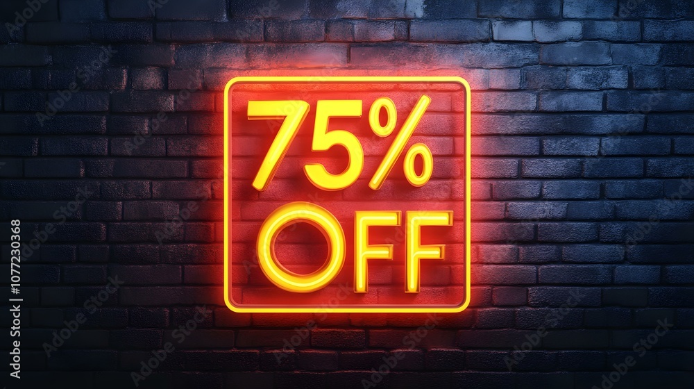 Obraz premium Yellow Neon '75% OFF' Sign on a Brick Wall