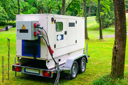 Connected large rental diesel generator on a mobile trailer for outdoor event power supply