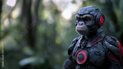 Robotic chimpanzee on forest background, superhero in costume, magical creatures poster photo