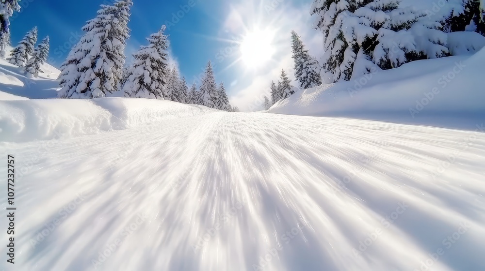 Obraz premium A snow covered ski slope with trees in the background