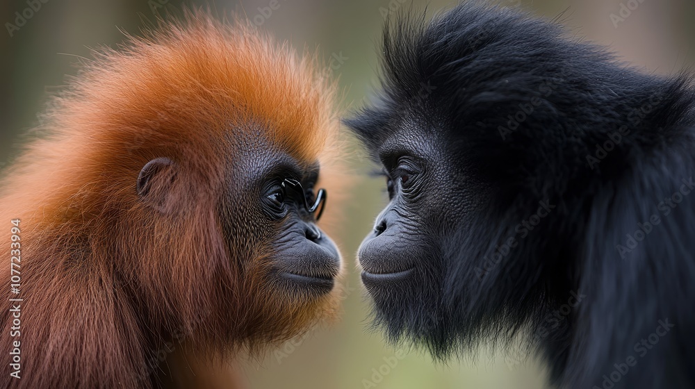 Obraz premium A couple of monkeys that are looking at each other