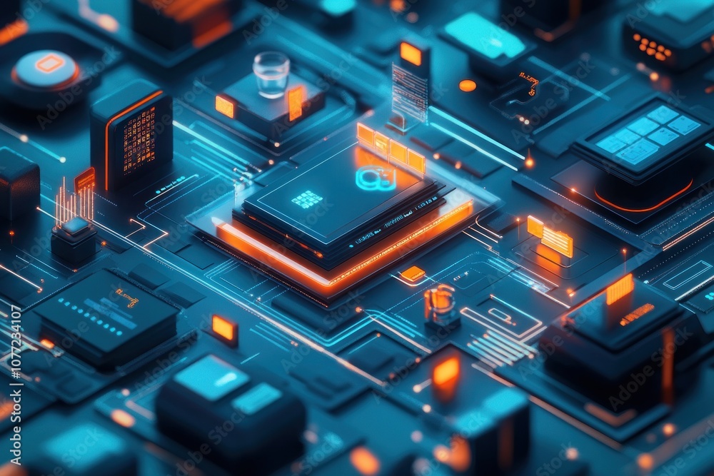 Fototapeta premium Abstract futuristic digital interface with glowing lights and lines, 3D rendered.