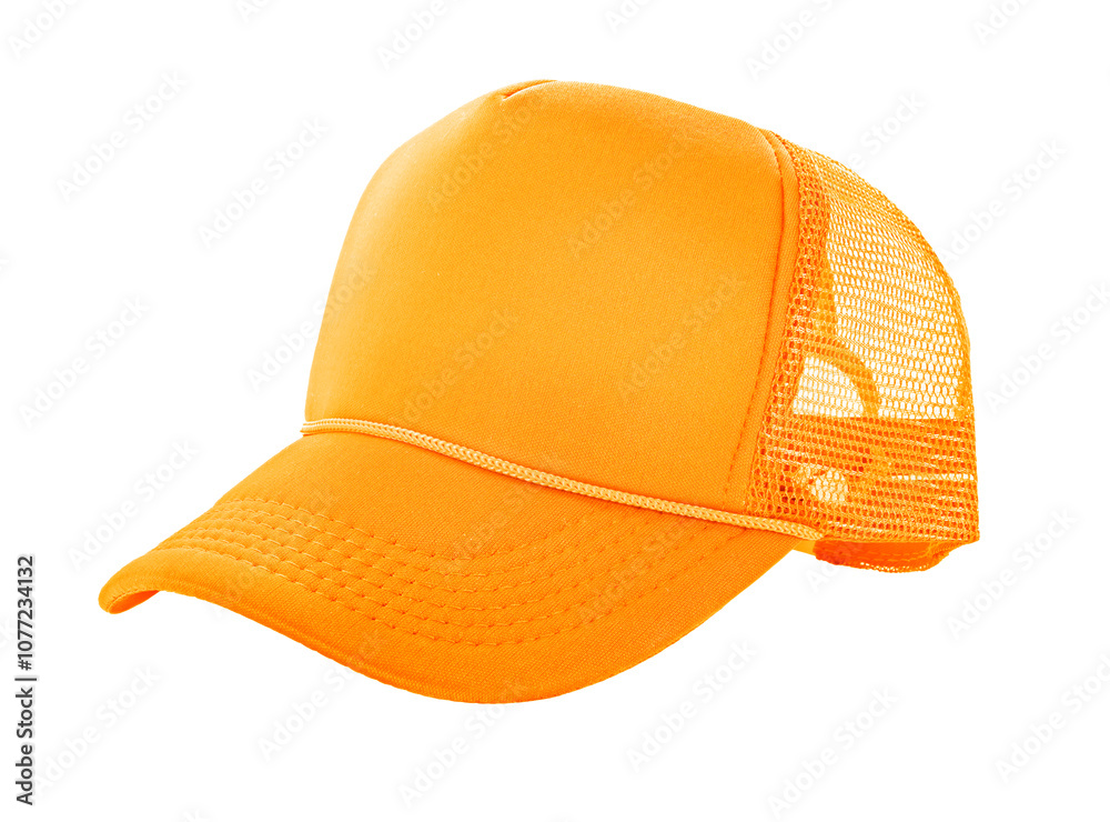Fototapeta premium Bright orange mesh trucker cap isolated on white background. Ideal for fashion, branding, or outdoor style concepts.