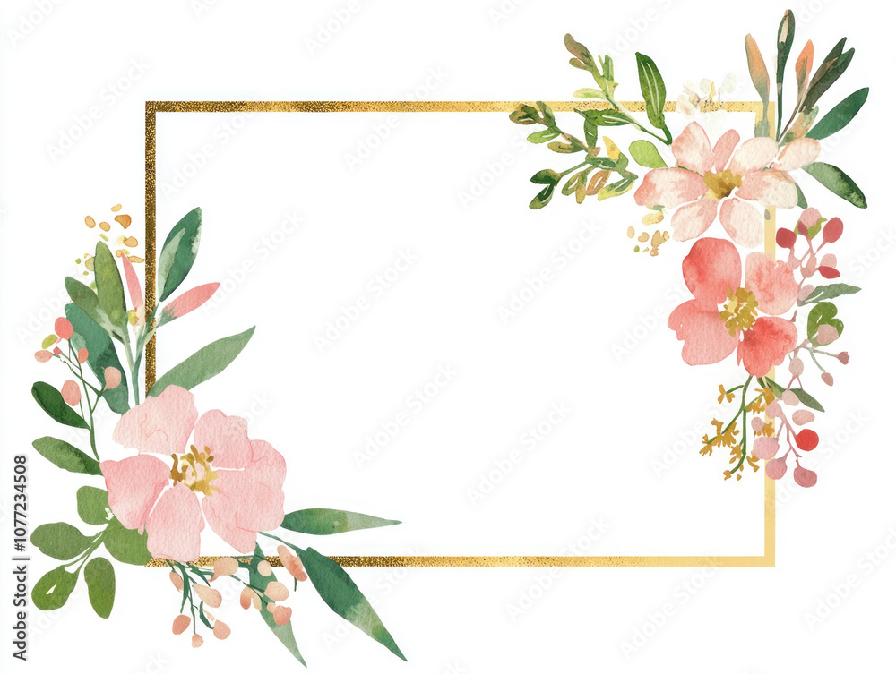 Fototapeta premium Minimalist Light Pink Watercolor Frame with Gold Accents and Spring Flowers Decoration 