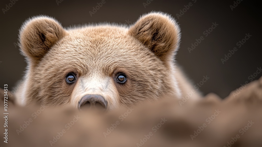 Obraz premium A brown bear peeking out from behind a pile of dirt