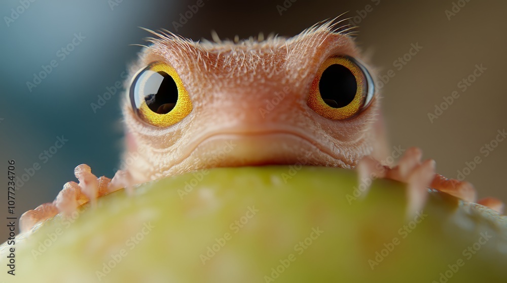 Obraz premium A close up of a gecko peeking out from behind a green apple