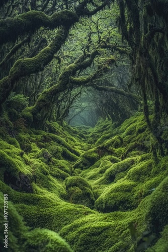 A dense forest with tall trees covered in moss photo