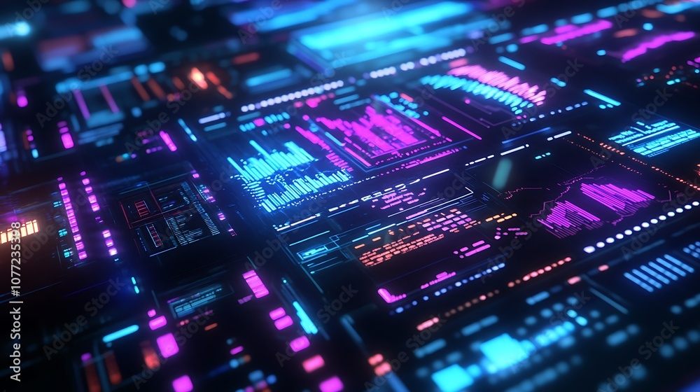 Obraz premium Futuristic Digital Interface with Neon Lights and Data Displays