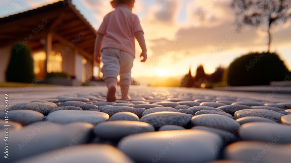 Obraz premium A small child walking on a stone path in front of a house