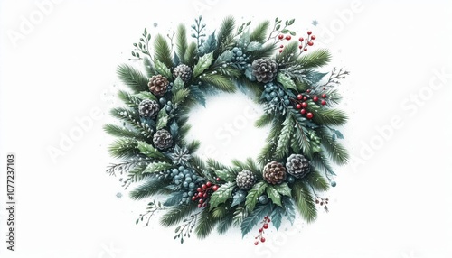 Ein traditioneller  dekorierter Weihnachtskranz / Advenzkranz aus grünen Tannenzweigen auf einem hellen Hintergrund. Generative KI.