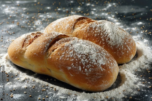 Freshly baked bread loaves resting on a table, ideal for still life photography or food-related concepts photo