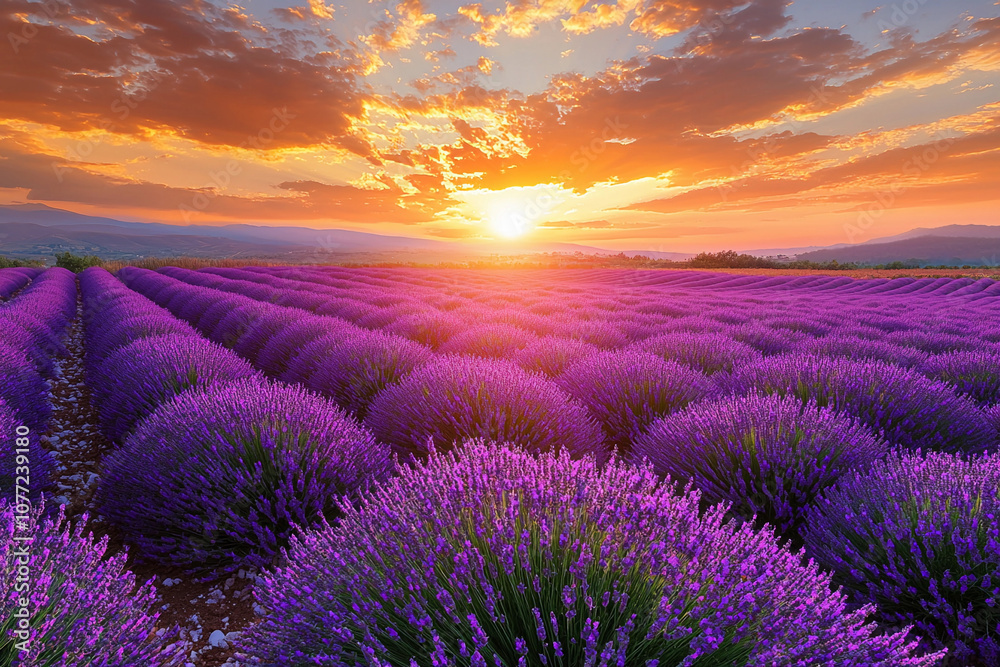 Obraz premium Lavender fields in full bloom at sunset in the countryside