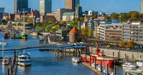 Hamburg, Germany. Time lapse of the harbor with piers and subway.