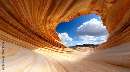 A view of the inside of a slot canyon with a blue sky in the background photo