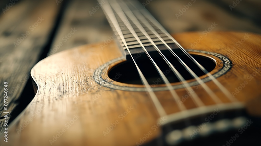 Fototapeta premium A close up of an acoustic guitar on a wooden table