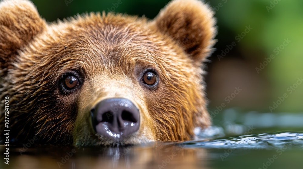 Obraz premium A brown bear swimming in the water looking at the camera