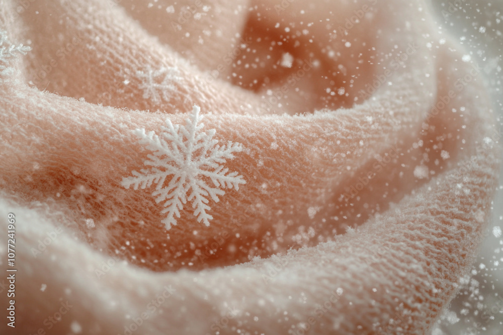 Fototapeta premium close up of a snowflake on a rose wool scarf
