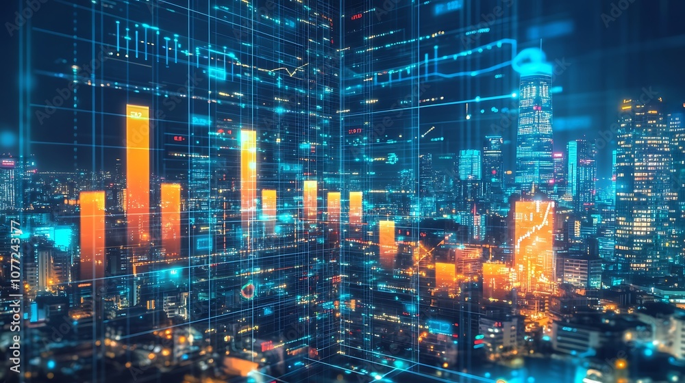 Naklejka premium Futuristic Cityscape with Digital Grid Overlay and Data Visualization