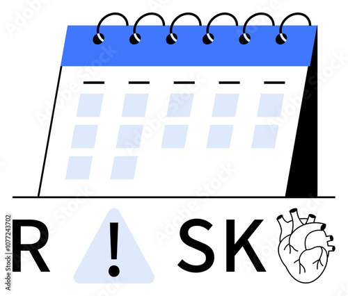 Calendar with spiral binding alongside heart illustration and risk warning symbol. Ideal for healthcare, medical reminders, scheduling check-ups, heart health awareness, risk management, preventive