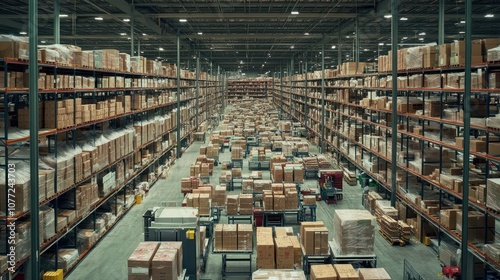 A View of a Large Warehouse with Numerous Boxes on Shelves and Forklifts photo