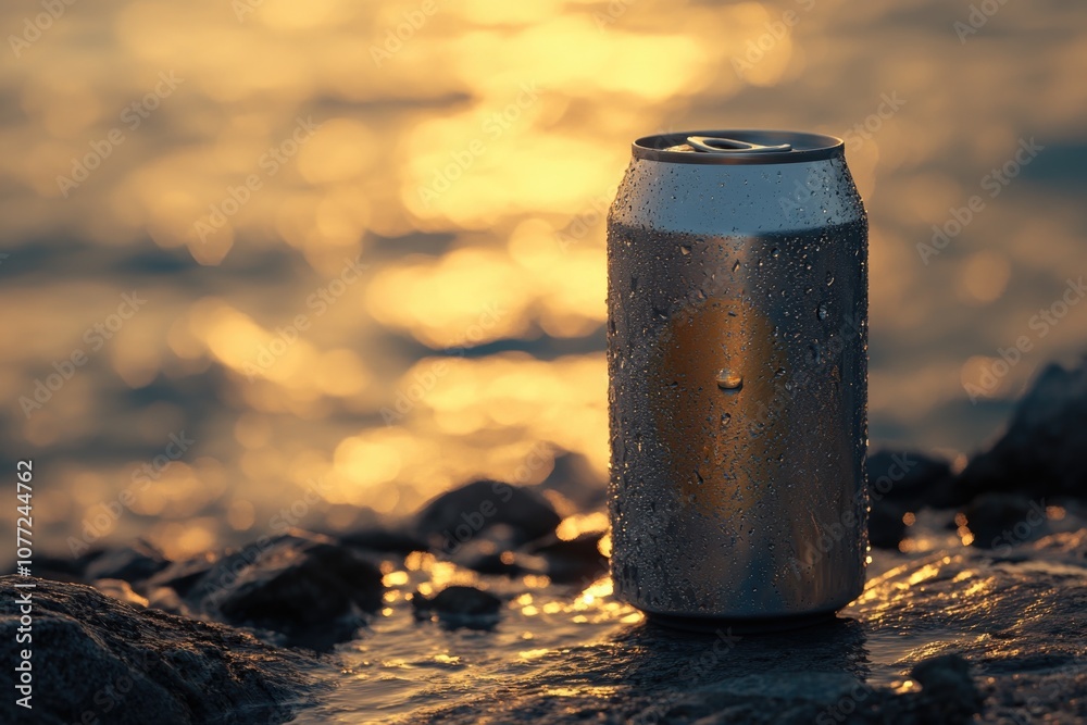 Naklejka premium A cold beer sitting on a rock near the water, perfect for a relaxing day