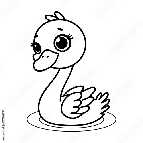 Fairytale Swan Outline Vector Illustration. This illustration features a charming, cartoon-style swan with large, expressive eyes and a friendly smile.