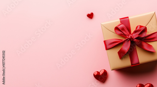 a gift box with red ribbon and heart decorations on a pink background, top view Web banner with space photo