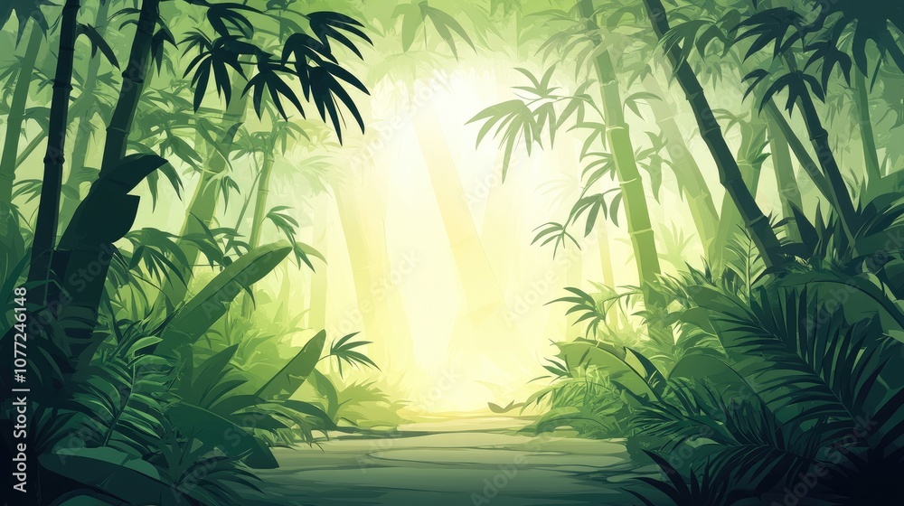 Naklejka premium Serene Bamboo Forest at Sunrise with Lush Greenery