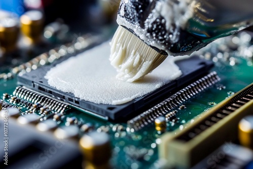 Applying thermal paste on a computer chip for optimal heat management in tech repair. Generative AI photo