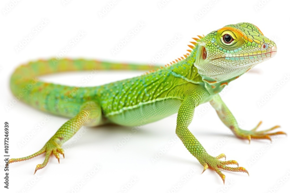 Fototapeta premium A green lizard sits on top of a white surface, looking around