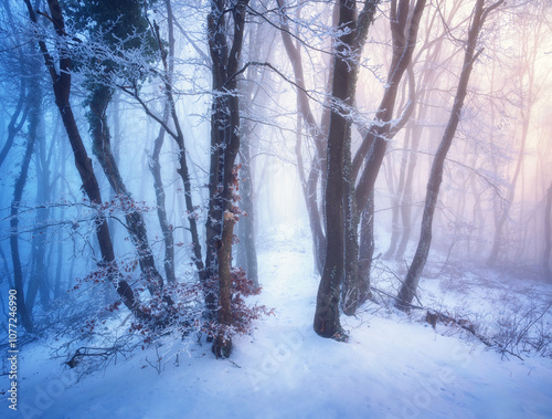 Snow-covered forest in morn...