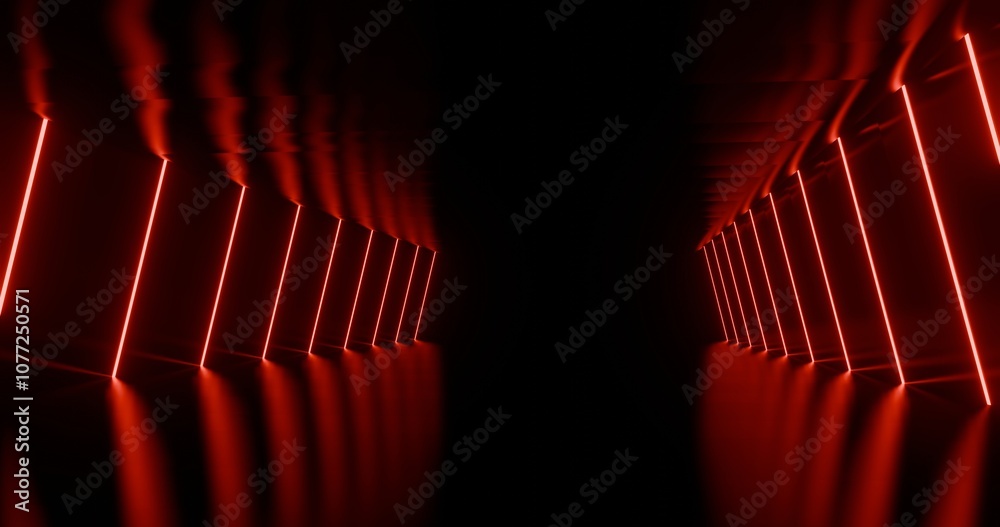 Fototapeta premium Futuristic interior background red lights glowing in black tunnel 3d render