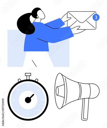 Woman holding envelope with notification alert stopwatch, and megaphone. Ideal for themes communication, email management, time management, business workflow, notifications, urgency, announcements