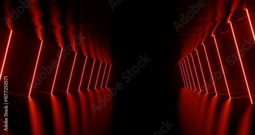 Fototapeta Naklejka Na Ścianę i Meble -  Futuristic interior background red lights glowing in black tunnel 3d render