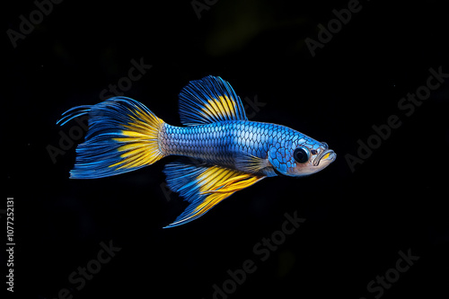 Bright blue betta fish with vibrant yellow fins on a black background, highlighting its striking colors and intricate fin patterns in a studio shot. photo