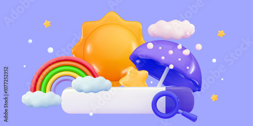 3d meteorology Search weather forecast Sun and stars, rainbow and fluffy clouds Nature plasticine objects