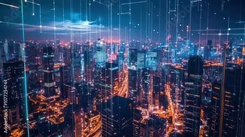 A glowing city skyline with digital lines connecting it to a cloud.