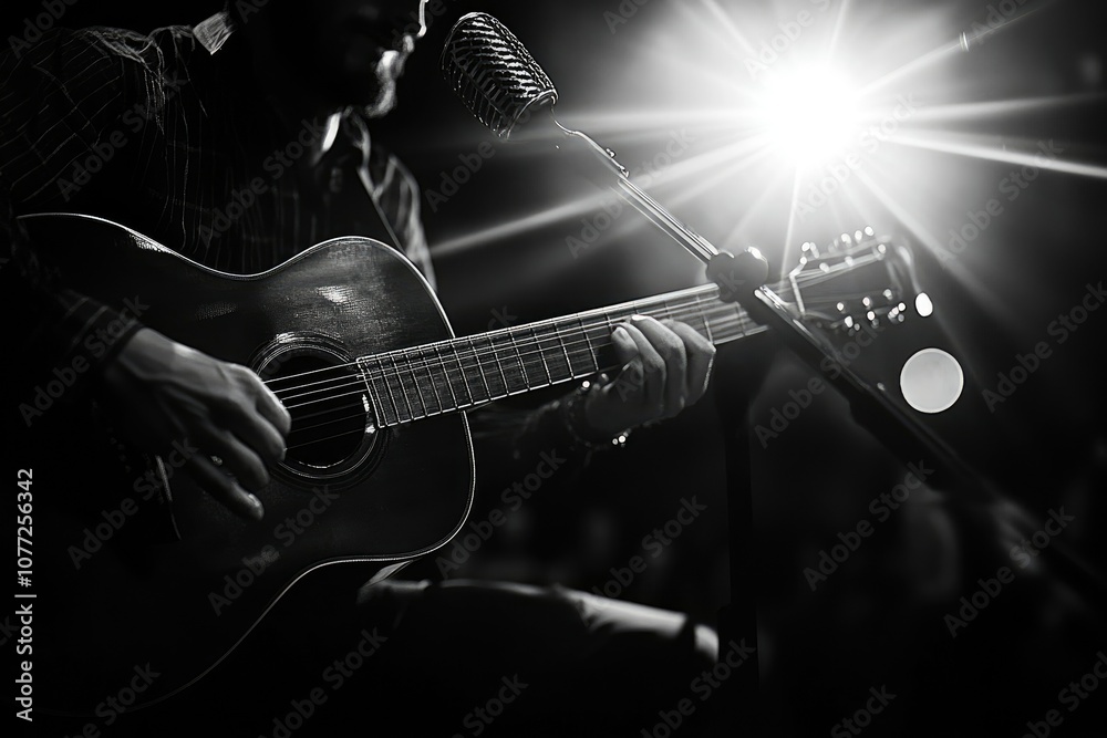 Naklejka premium Under the Glare of Luminescence A Virtuoso Musician Captivates the Multitude with an Exemplary Guitar Recital His Vocals Resounding through the Amplification