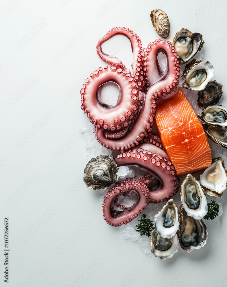 Aesthetic Luxury Seafood Display with Octopus Tentacles, Salmon Tail ...