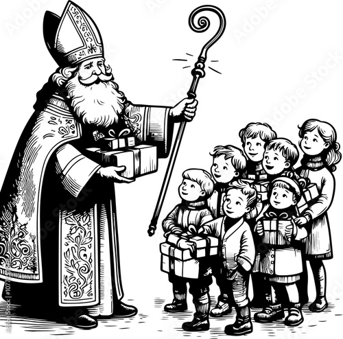 Saint Nicholas gives gifts to children. Happy Saint Nicholas Day