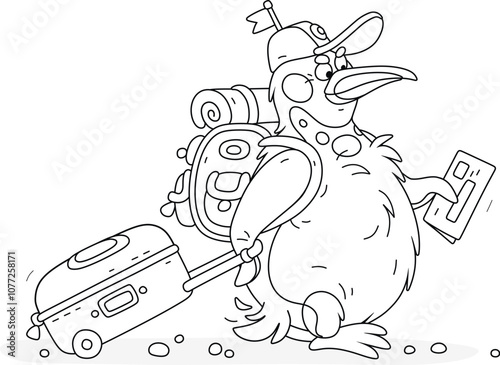 Funny fat penguin traveler with its suitcase and backpack going to voyage, black and white vector cartoon illustration for a coloring book