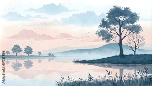  Minimalistic Landscape with Watercolor Texture, Watercolor Abstract Landscape with Soft Colors
