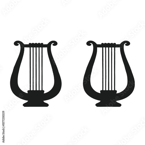 Two black silhouettes of lyres or harps against a white background