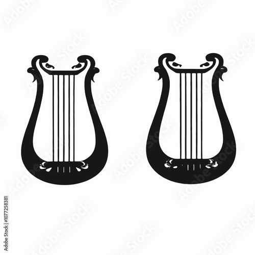 Two black silhouettes of lyres or harps against a white background