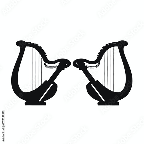 Two black silhouettes of lyres or harps against a white background