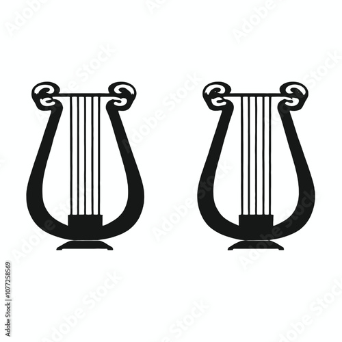 Two black silhouettes of lyres or harps against a white background