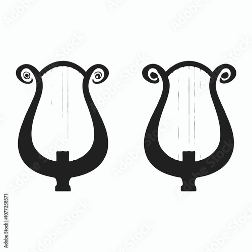 Two black silhouettes of lyres or harps against a white background