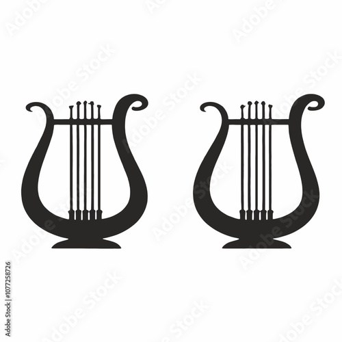 Two black silhouettes of lyres or harps against a white background