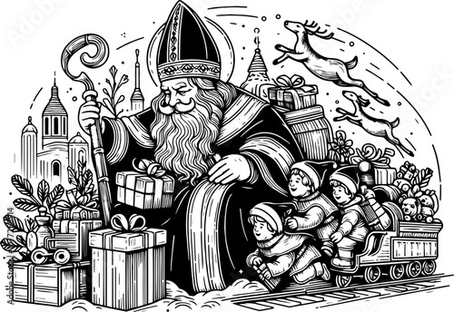 Saint Nicholas gives gifts to children. Happy Saint Nicholas Day