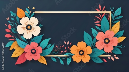 Paper Flowers with Golden Frame on a Blue Background